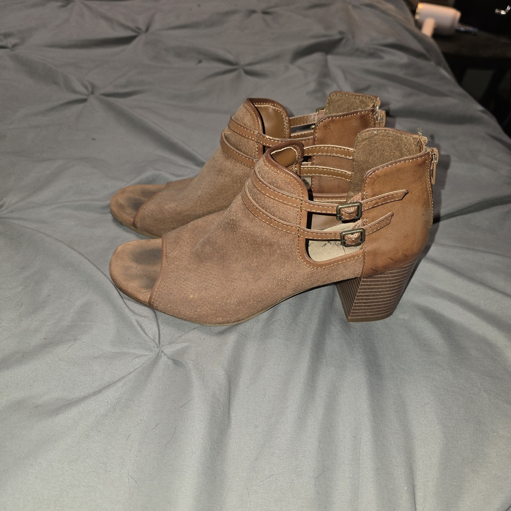 New York Transit Tan Peep-Toe Ankle Booties